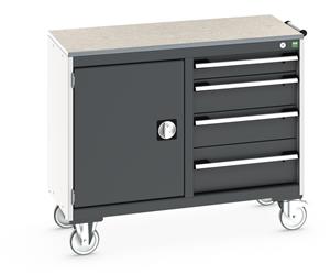 Bott Cubio Mobile Cabinet / Maintenance Trolley measuring 1050mm wide x 525mm deep x 890mm high. Storage comprises of 1 x Cupboard (525mm wide x 600mm high) and 4 x 525mm wide Drawers (1 x 100mm, 2 x 150mm & 1 x 200mm high).... Bott Mobile Storage 1050 x 750